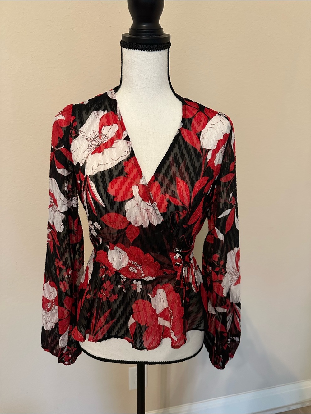 Guess Floral Faux Wrap Blouse in Black, Red & White